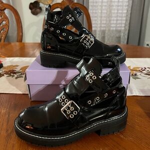 Patent Leather Booties with Buckles